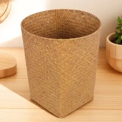 

Rattan Storage Basket Woven Trash Can Natural Straw Bin Waste Paper Holder Kids Room Office Kitchen Bedroom Multi-purpose