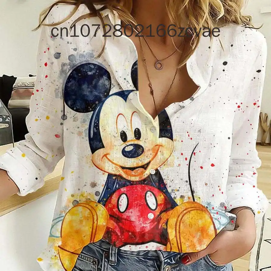 New Disney Mickey Women's Long sleeved Shirt Fashionable and Elegant Button Shirt Disney Casual Hawaii  Women's Shirt