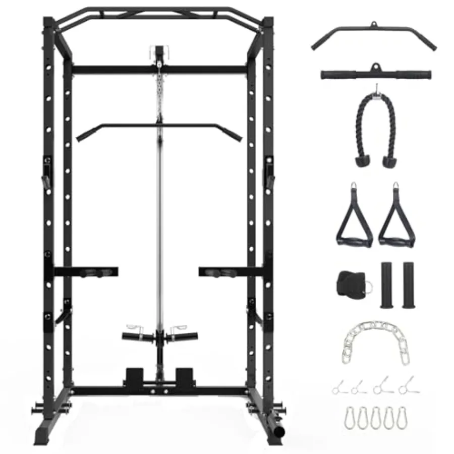 1600 Lbs Power Rack for Home Gym with Cable Pulley System LAT Pull Down Dip Bar J Hooks Steel Black Strength Training Cage for