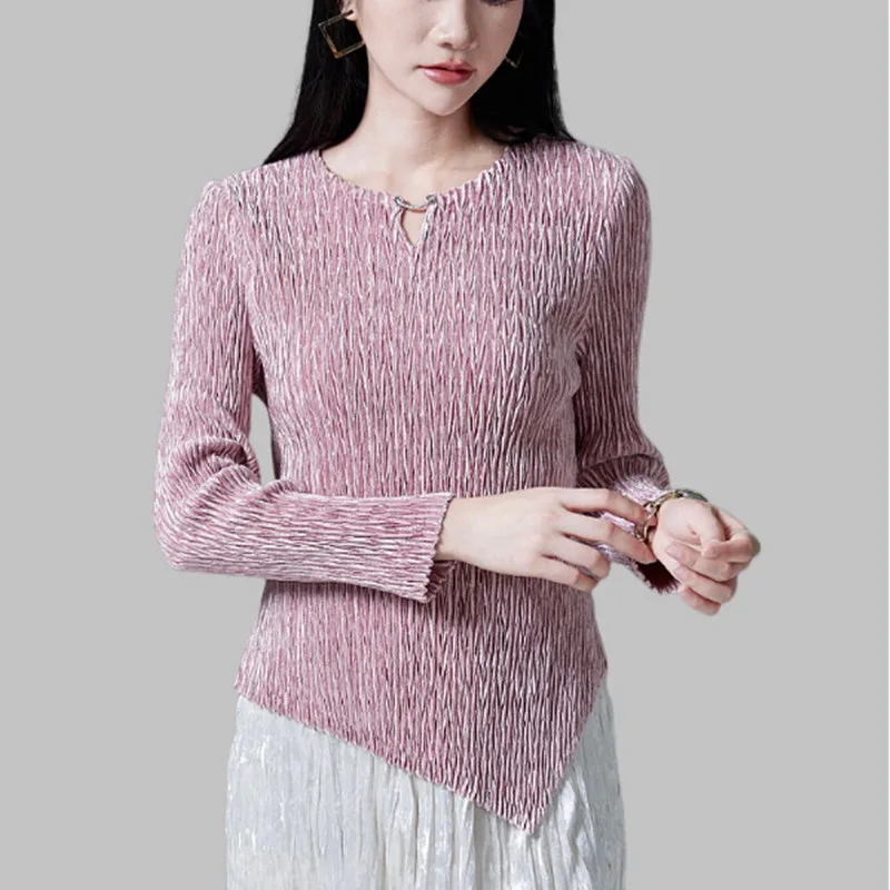 Women Top Velvet Long Sleeves Autumn and Winter New Stretch Miyake Pleated Slim Fashion T-shirt