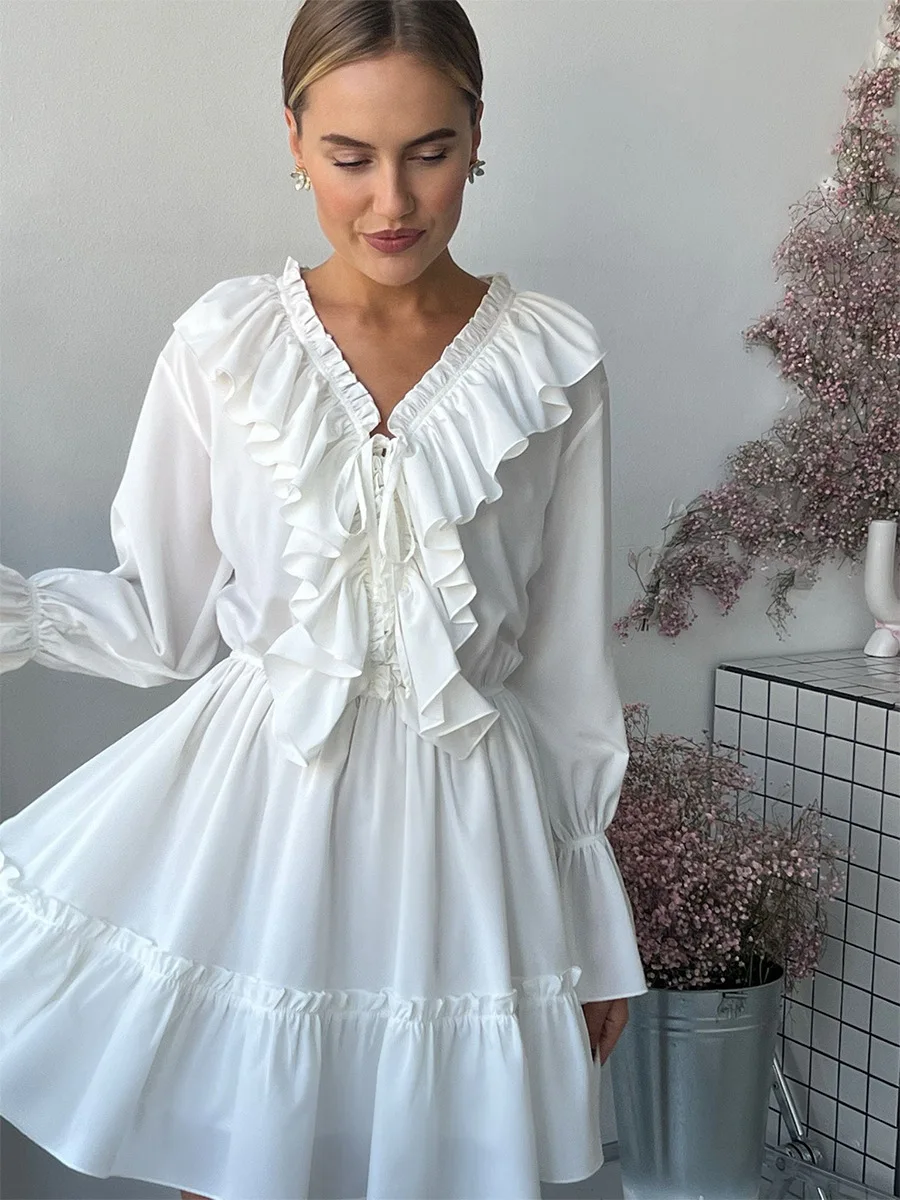 Estilo francês chiffon sexy mini vestido feminino branco manga longa alargamento profundo v estilo de rua alta vocação senhoras em camadas vestido novo