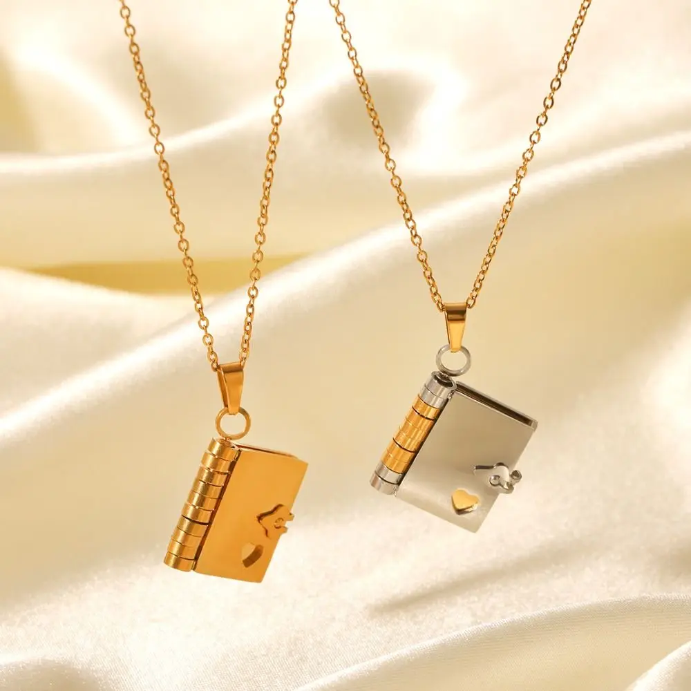 Titanium Steel Couple Book Necklace Handmade Heart Opening Book Pendant Adjustable Opening and Closing Couple Text Locket