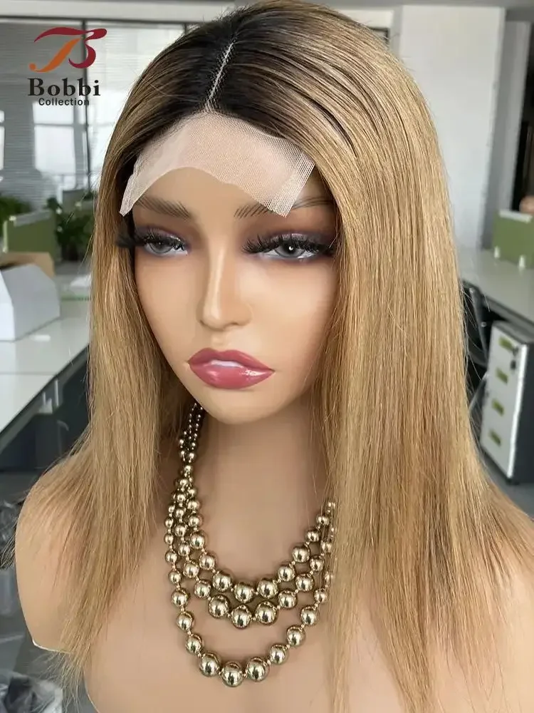 Middle Part Lace Front Wig Straight Human Hair Ombre Honey Blonde 4x1 T Lace Transparent Lace Closure Short Wigs Bobbi