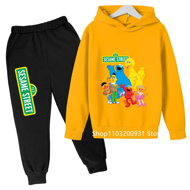 2024 New hoodie Girls and Boys hoodie set Sesame Street Elmo cartoon printed kids fun baby clothes