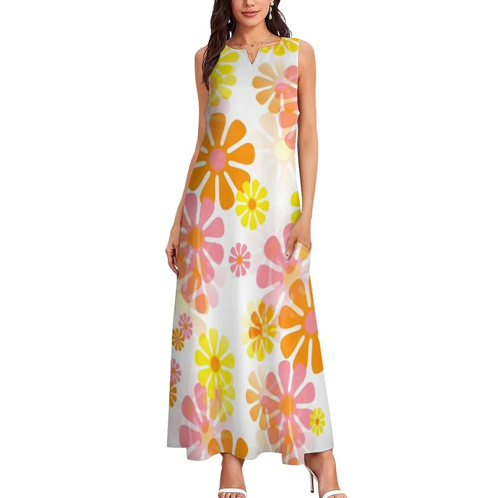 60's Retro Groovy Mod Flowers In Pink, Orange and Yellow Long Dress Woman's evening dress Women's long dress