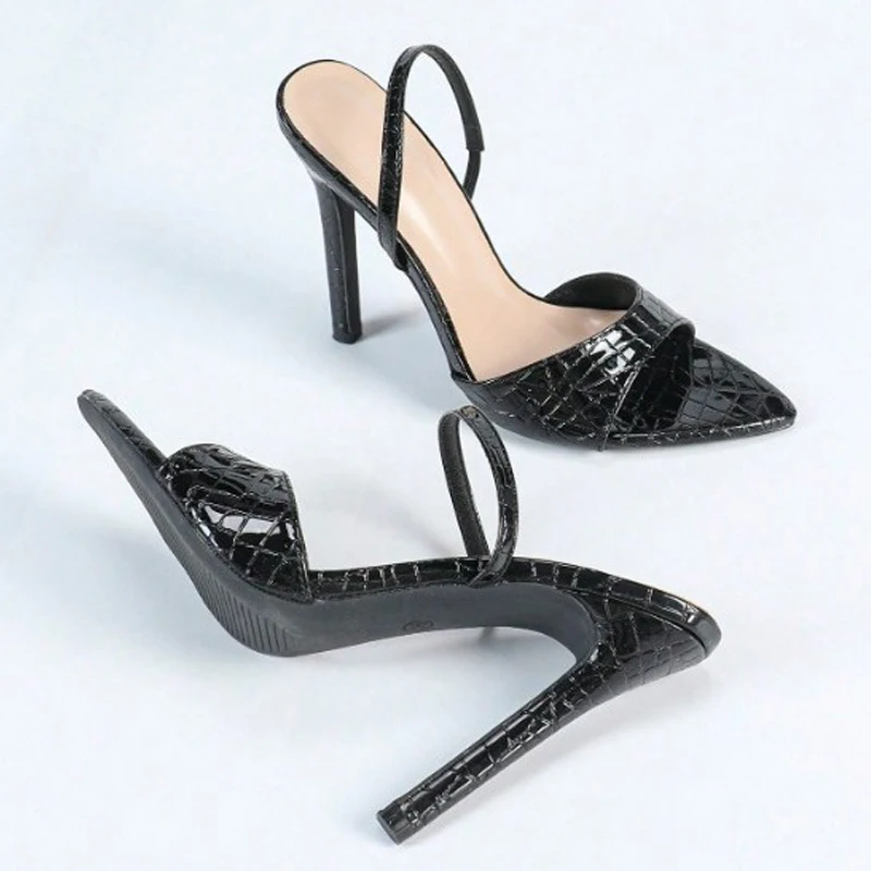 Sexy Black Sandals Woman Pointed Open Toe Stilito High Heels Back Strap Slingback Pumps Praty Stripper Wedding Shoes Zapatos