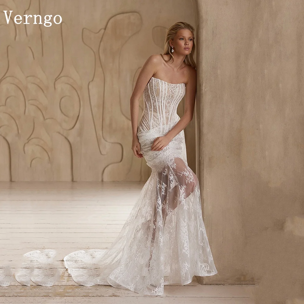 

Verngo Elegnant Lace Wedding Dress Strapless A Line Front Slit Bridal Gowns Women Elegant Bride Prom Gown Customized