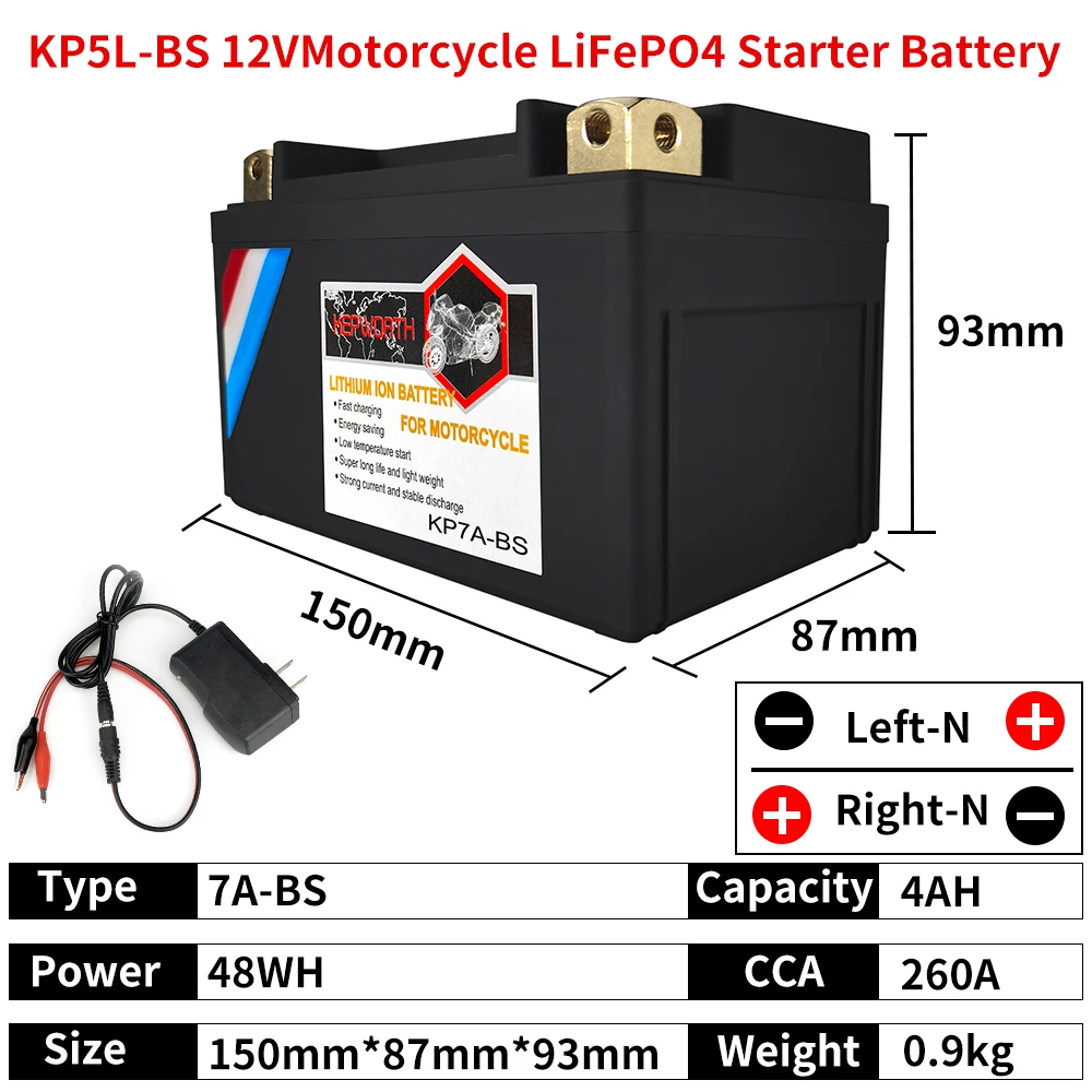 

KP7A-BS Motorbike LiFePO4 Battery 12V 4Ah CCA 260A Lithium Iron Motorcycle Start Battery With BMS Deep 2000 Cycles For ATVs UTVs