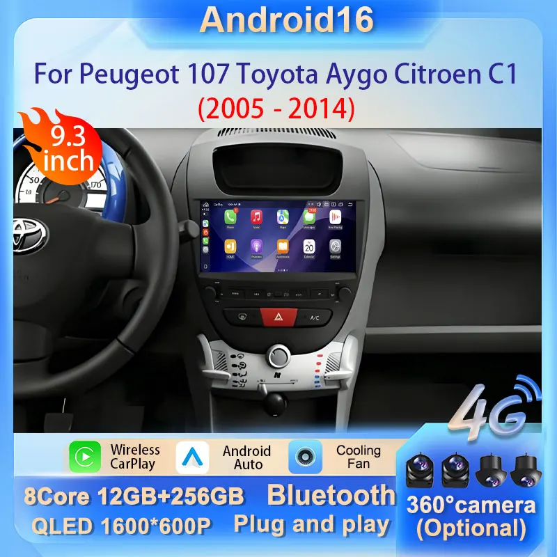 Android 16 Autoradio für Peugeot 107 Toyota Aygo Citroen C1 2005 - 2014 Multimedia-Videoplayer Navi GPS Stereo Kabelloses Carplay