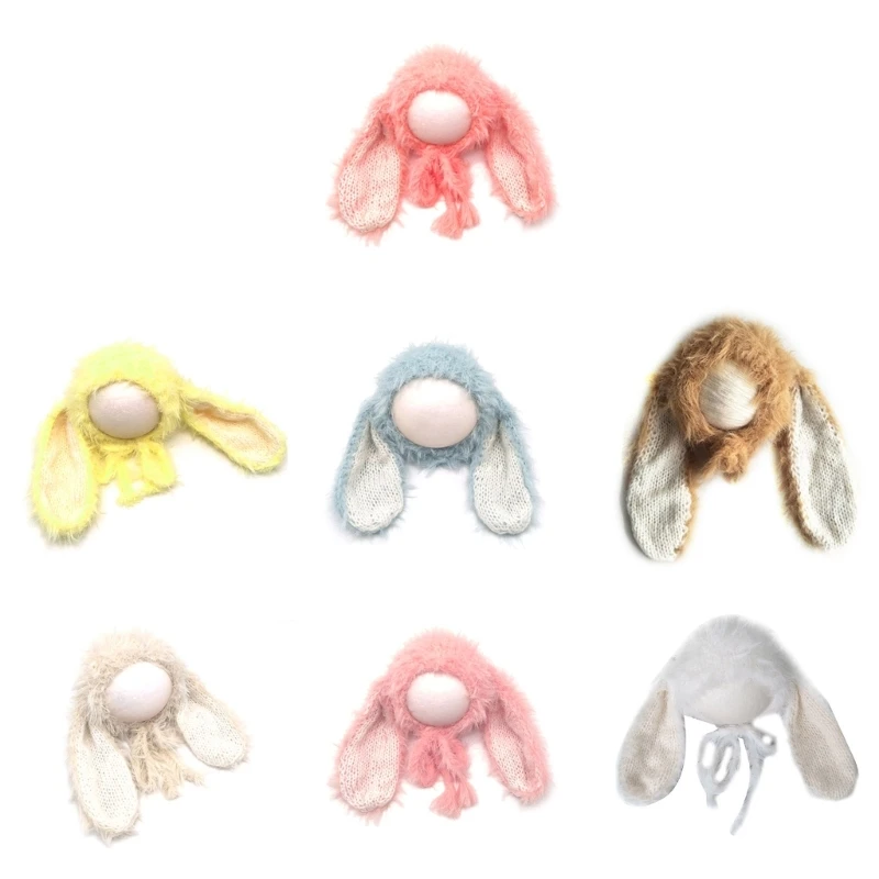 

Neutral Photography Props Bunny Hat for Baby Newborn Infant 2-in-1 Hand Crochet Headwear Soft Cozy Photo 40JC