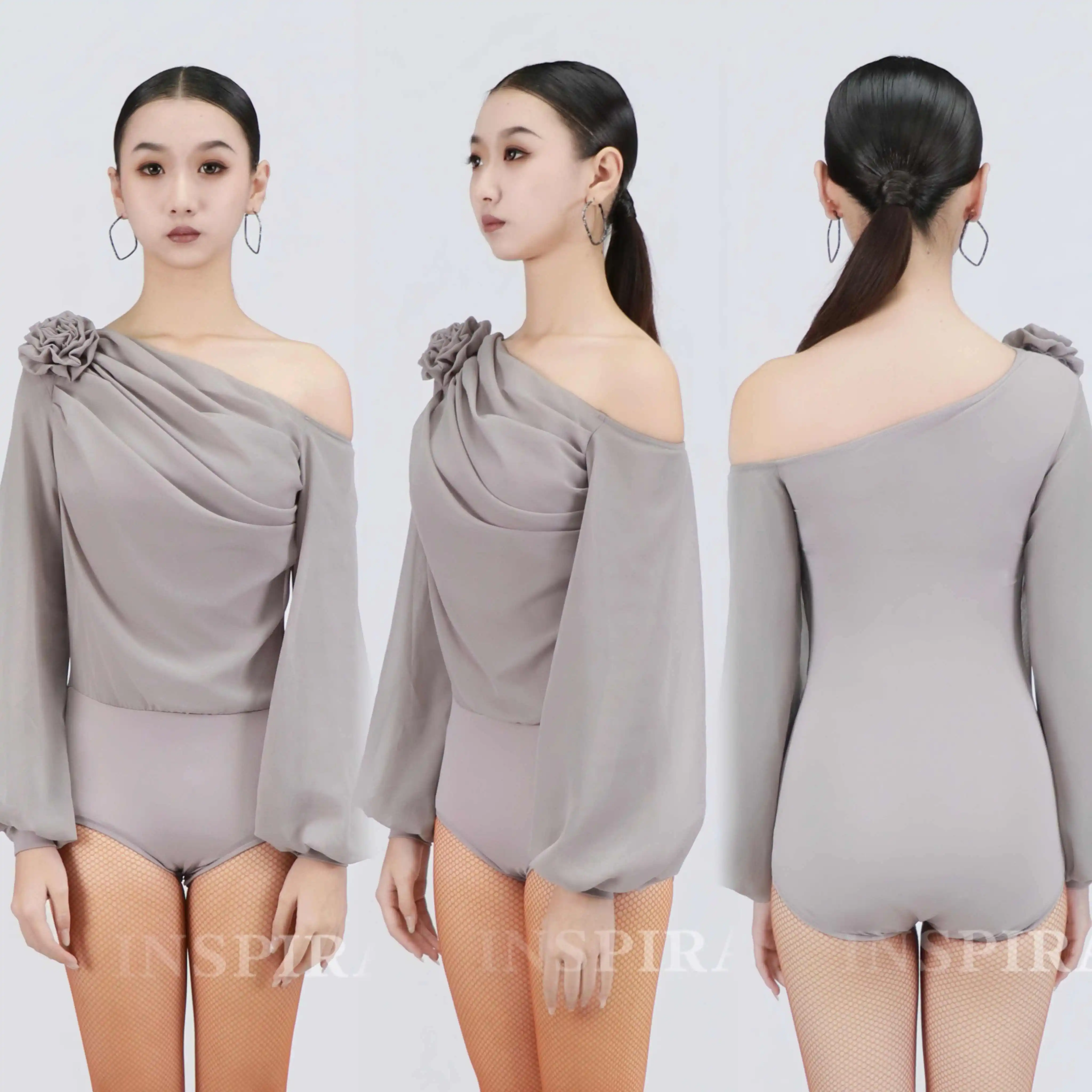 

Серые топы с объемными рукавами для латинских бальных танцев, женские боди с наклонными плечами, одежда для выступлений в стиле румба для взрослых, DNV25600