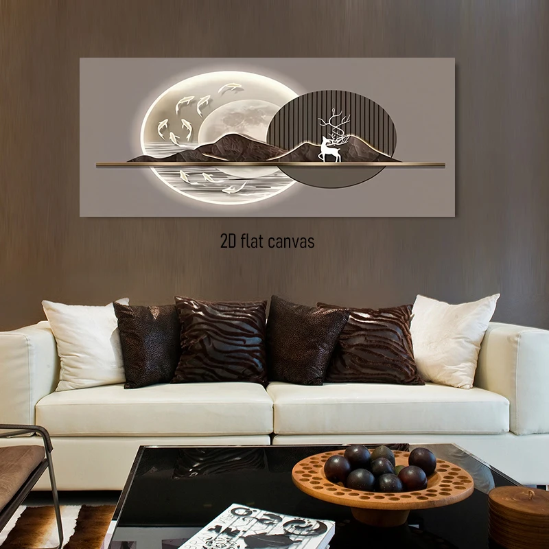 1 piece of new Chinese-style home decor featuring a 2D print of mountains, rivers, deer, fish, and the moon