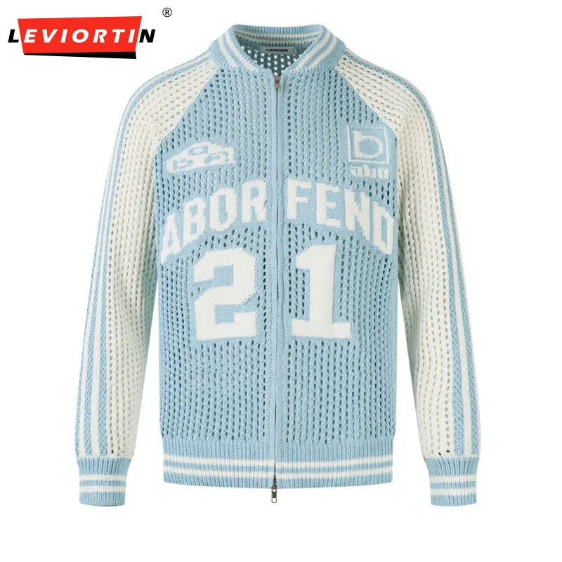 

Весенне-осенний мужской уличный модный сетчатый полый свитер с бейсбольным воротником, повседневный жаккардовый вязаный свитер с цифрами и буквами