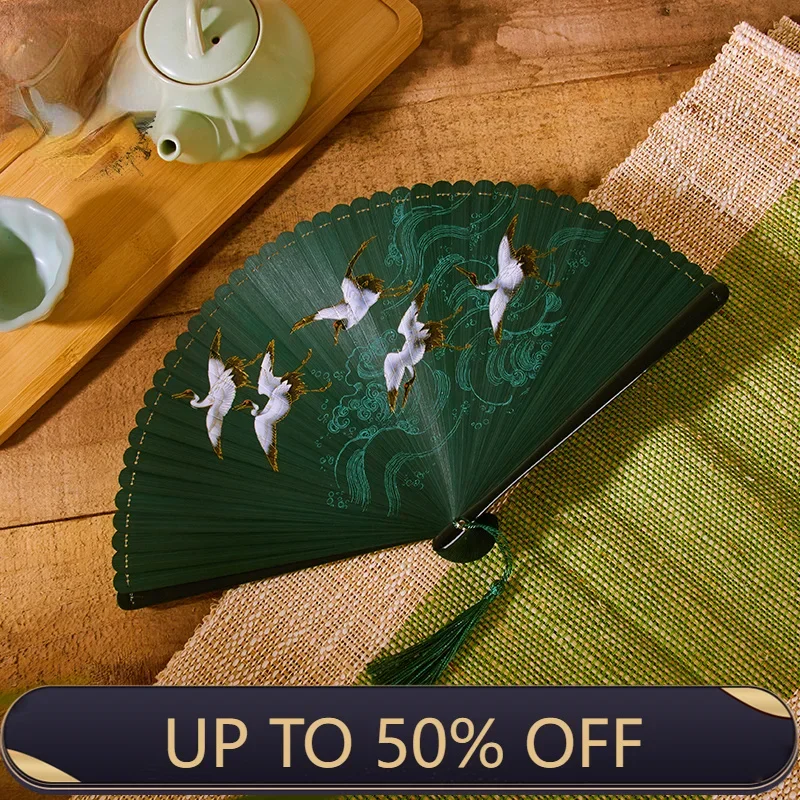 18cm Chinese style retro style all bamboo crane dark green big red bronzing folding fan portable cheongsam dance fan