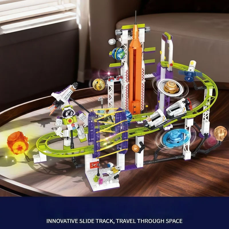Space-themed roller coaster building blocks, solar system assembly set, ring orbit construction kit, rocket tower assembly block view 2
