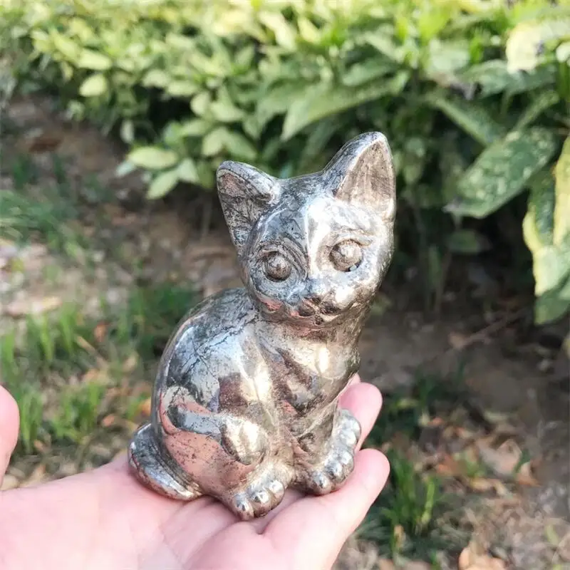 Natural Pyrite Cartoon Cat Carving Polished Quartz Healing Fengshui Stones Gemstones Home Decoration 1pcs