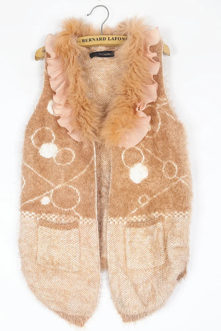 Vintage Strickweste mit Fellkragen, Abib Kaninchenfell, Hippie Desert Wanderer Y2K Street Style, Wärmeisolierend, Lang