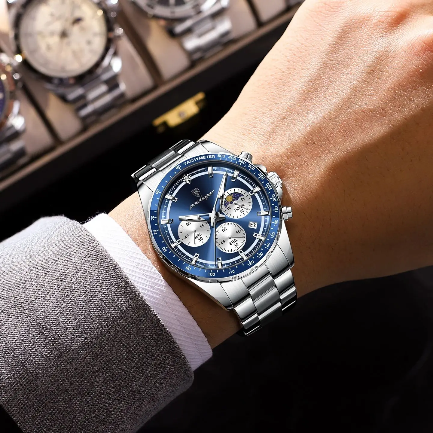 POEDAGAR موضة رجل ساعة اليد كرونوغراف تاريخ مقاوم للماء مضيئة ساعة رجالية الفولاذ المقاوم للصدأ الفاخرة كوارتز ساعات رجالية Reloj