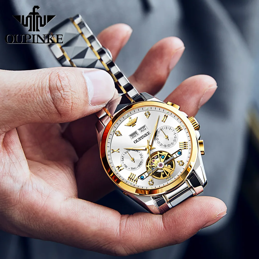 OUPINKE 3186 ساعة رجالية جميع التلقائي الهيكل العظمي دولاب الموازنة ساعة ميكانيكية فاخرة العلامة التجارية التقويم الأعمال التنغستن الصلب ساعة رجالية #2
