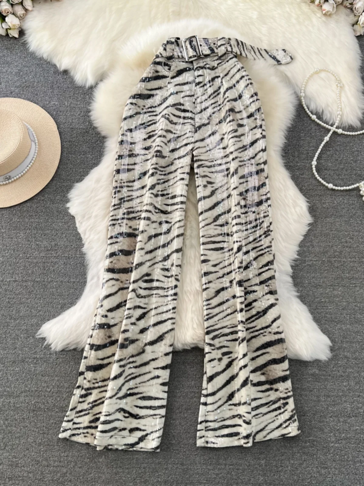 High Waist Long Bell Bot Pants Women's Casual Zebra Print Trousers Korean Sle Commute Faion plus Size Floor Length