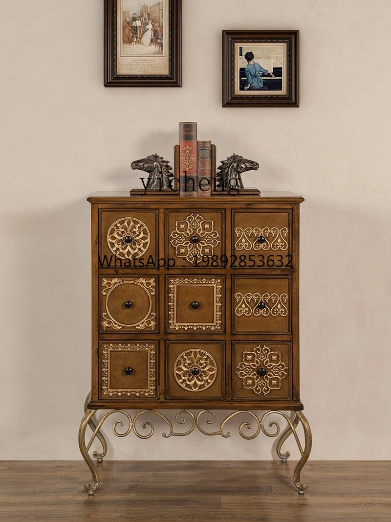 GZ  . American Vintage Solid Wood Storage Cabinet Bedroom Storage Cabinet Embossed Painted Entrance Cabinet