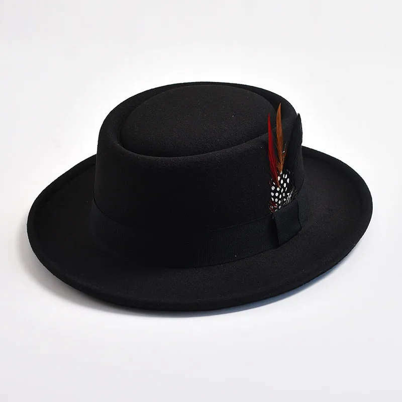 NEW Vintage Pork Pie Hat Mens Rolled Brim Felt Fedora Hat with Feather Gentleman Trilby Jazz Hats