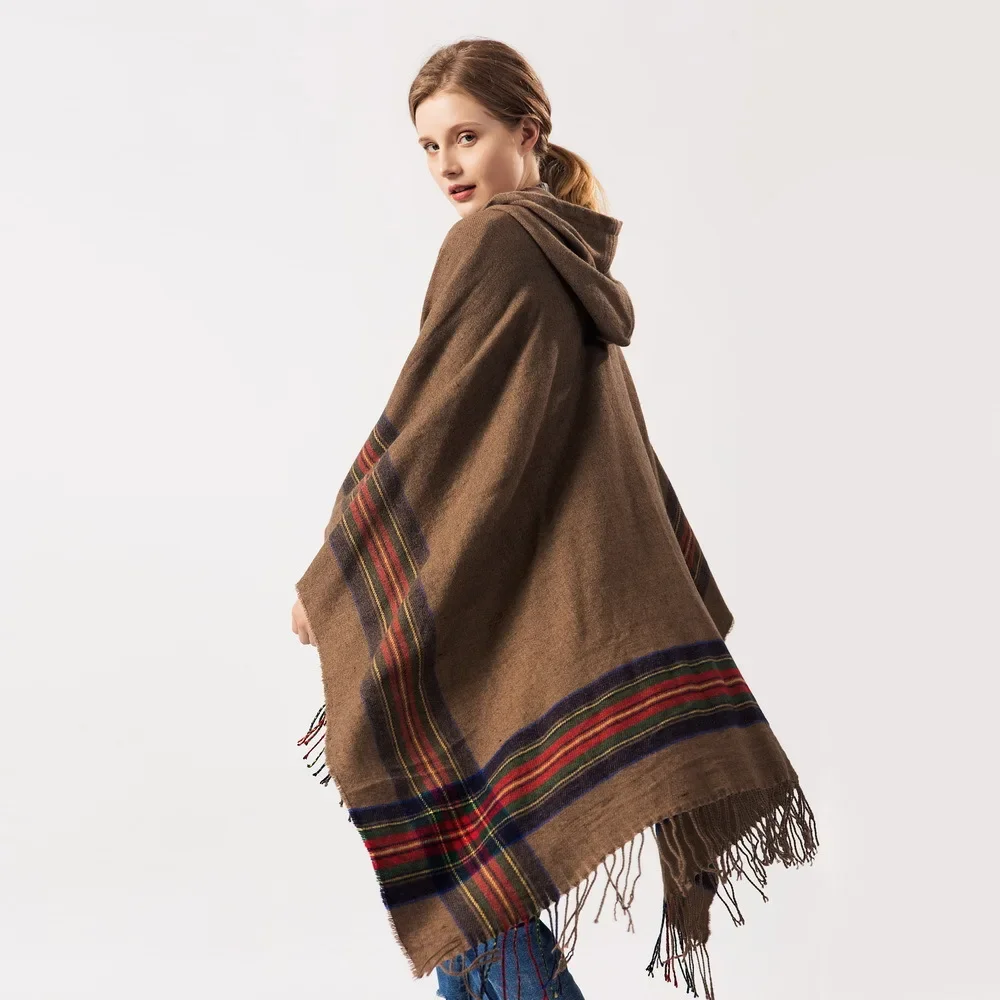 Winter Thicken Poncho Women Color Striped Imitation Cashmere Jacquard Shawl Hooded Cloak Cape Warm Lengthen 130*150cm