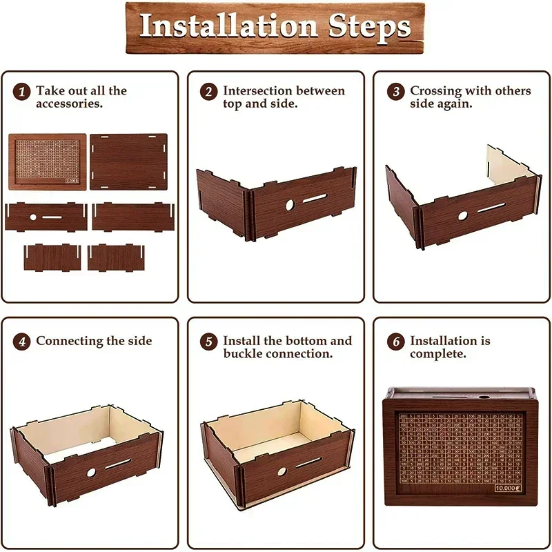 1000/2000/3000/5000/10000 اليورو حصالة خشبية أصبع البنك المال قبو التوفير صندوق التحدي النقدية حقيبة للتخزين #4