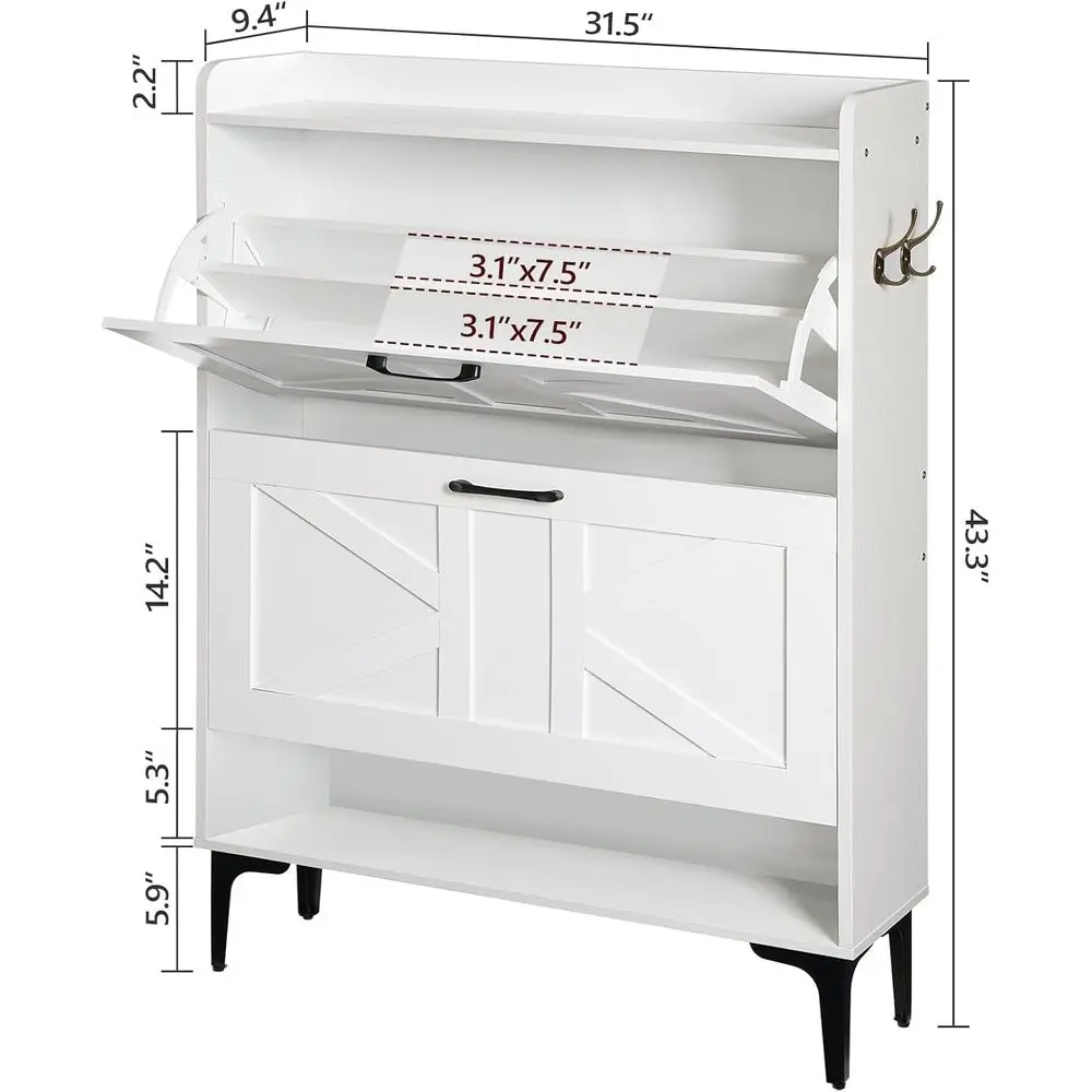 Organizador de zapatos independiente blanco con 2 cajones y almacenamiento abierto para entrada