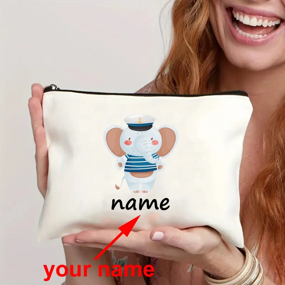 

Personalized Name Sailor Elephant Print Zippered Pouch Large Capacity Foldable Makeup Bag Travel Toiletry Organizer Storage Bags