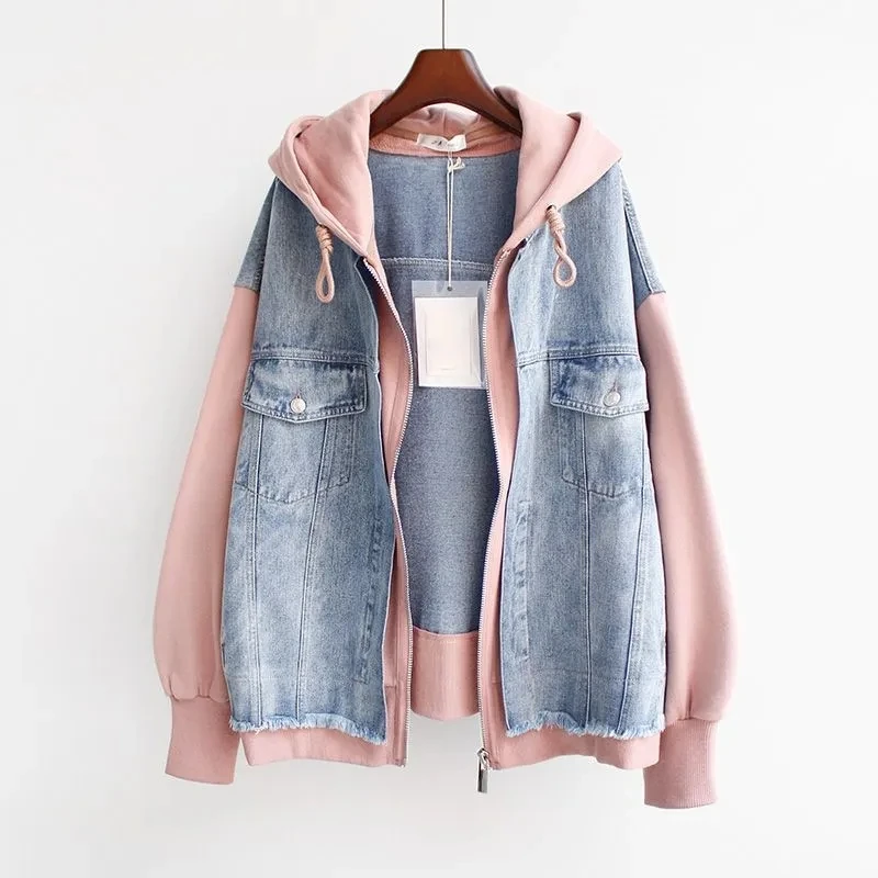 

2026 Spring Autumn New Fake Two Piece Denim Jacket Women Loose Splicing Cardigan Hooded Baseball Coat Female Casual Ladies Tops