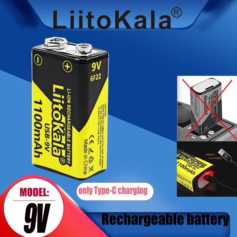 1PCS LiitoKala USB-9V 1100mAh rechargeable Li-ion Battery is suitable for Camera Toy Multimeter Remote Control KTV Microphone