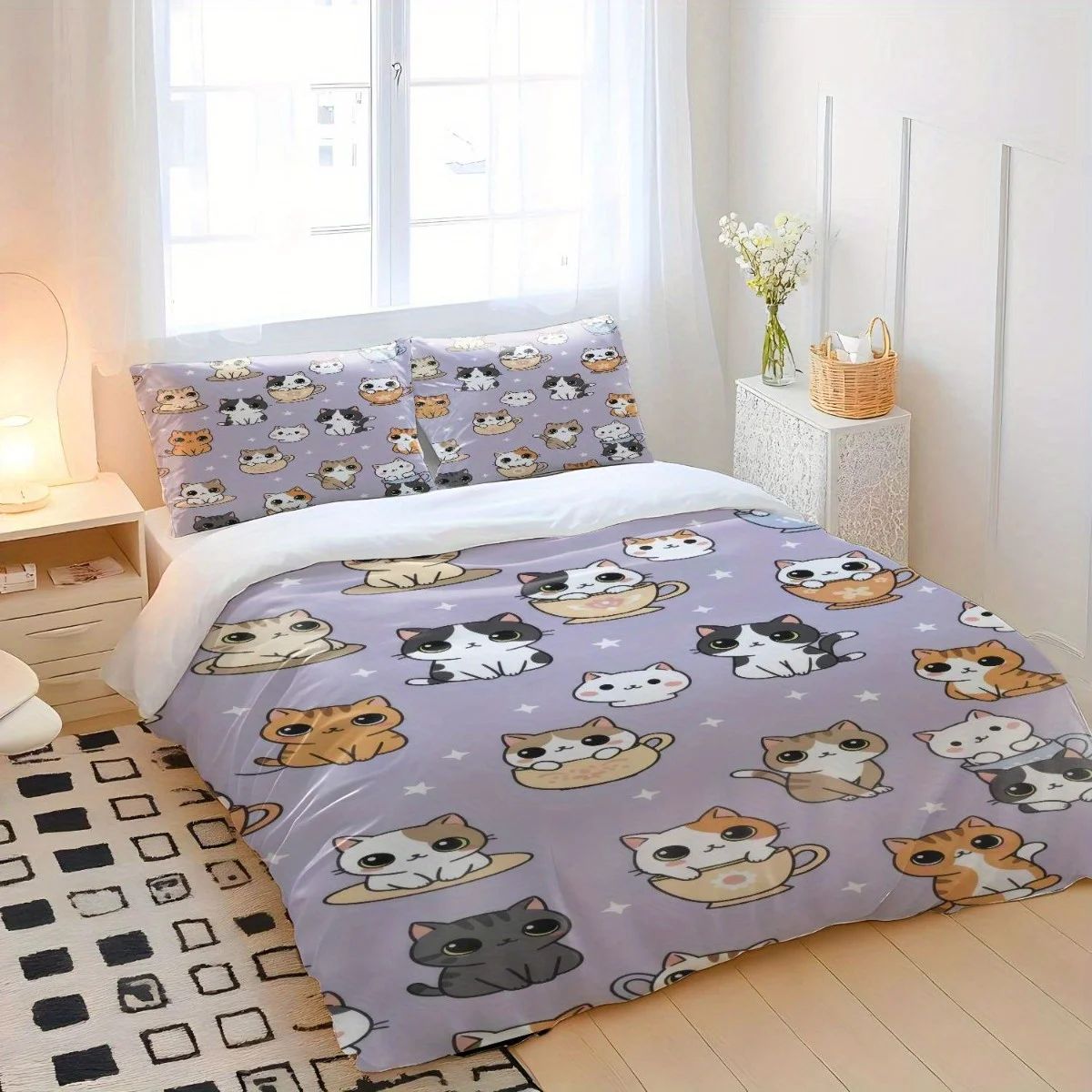 Soft Duvet Cover Set of Three 2D Flat Printed Duvet Cover Set Duvet Cover Set with Cartoon Cat Print, Machine Washable, Invisible Zipper, Large Duvet Cover Set, Bedding Set Quilt Cover - view 6