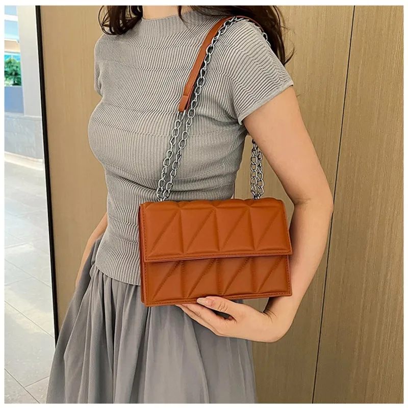 Women Solid Color Leather Shoulder Bag Rhombus Plaid Chain Crossbody Bags Flip Buckle High Quality Underarm Bag Casual Handbag