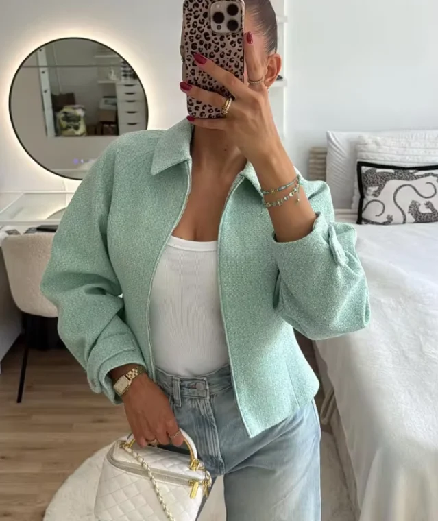 Women's Tweed Short Zip-Up Jacket, Lapel Collar, Long Sleeves, Slim Fit, Casual Outerwear, Elegant Autumn and Winter Short Jacket, 2026 New Autumn and Winter Jacket