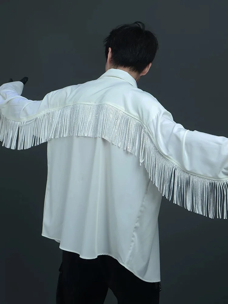 المتخصصة نمط الظهر شرابة الربط موضة أسود أبيض كم طويل قميص الرجال 2025 الصيف الشارع قمصان أنيقة غير رسمية