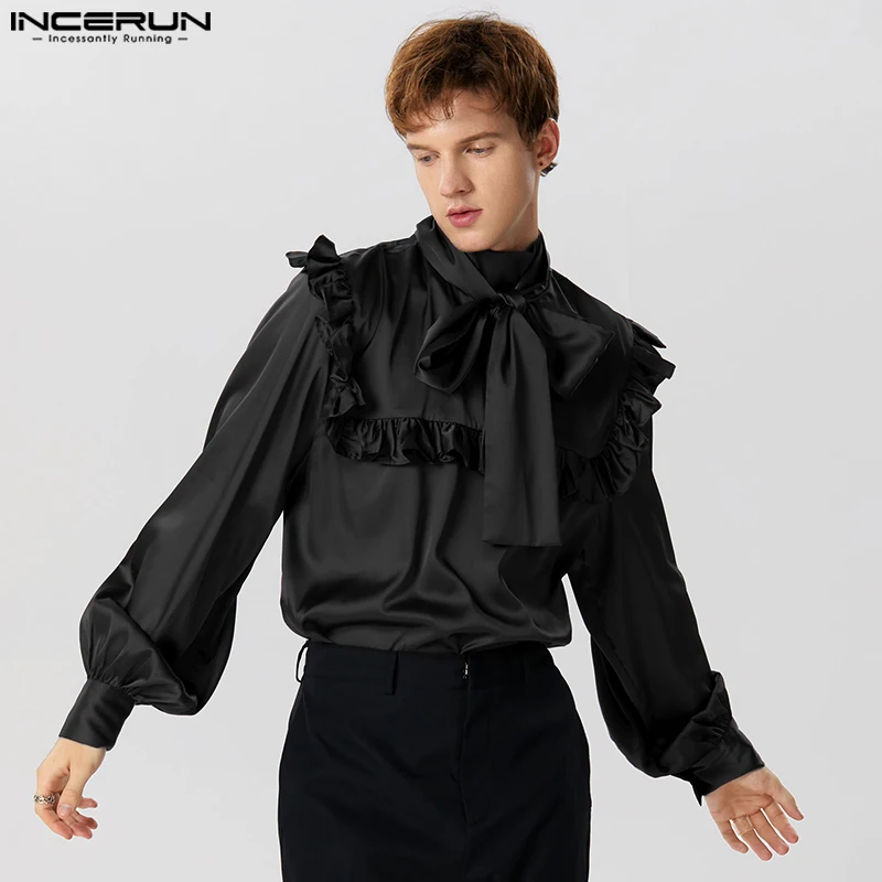 INCERUN Men Shirt Solid Satin Turtleneck Long Sleeve Ruffle Lace Up Casual Men Clothing Streetwear 2023 Fashion Unisex Shirts