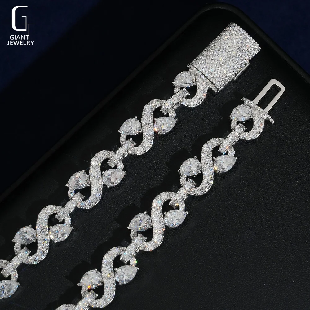 Hop Hip Jewelry 13MM Pear Cut Moissanite Chain 925 Sterling Silver Moissanite Iced Out Infinity Symbol Cuban Link Chain Necklace