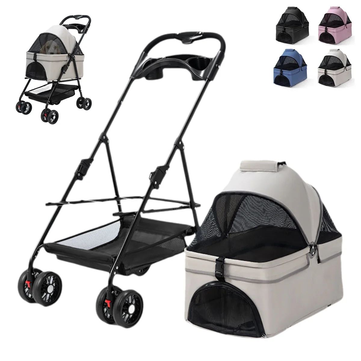 

2 in 1 Folding Lightweight Stroller for Cat Breathable Shock-proof W/ Tray Separable Basket Outdoor Pet Puppy Stroller Small Dog