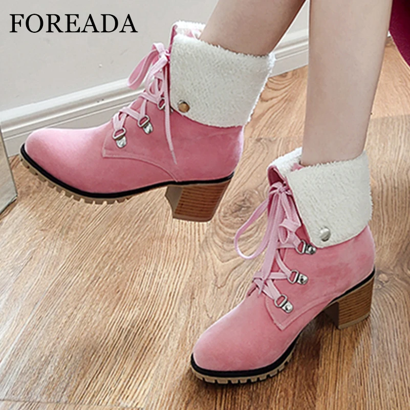 

FOREADA Women Ankle Short Boots Round Toe Chunky High Heels Lace-up Combat Boots Ladies Fashion Shoes Winter Black Brown Blue 43