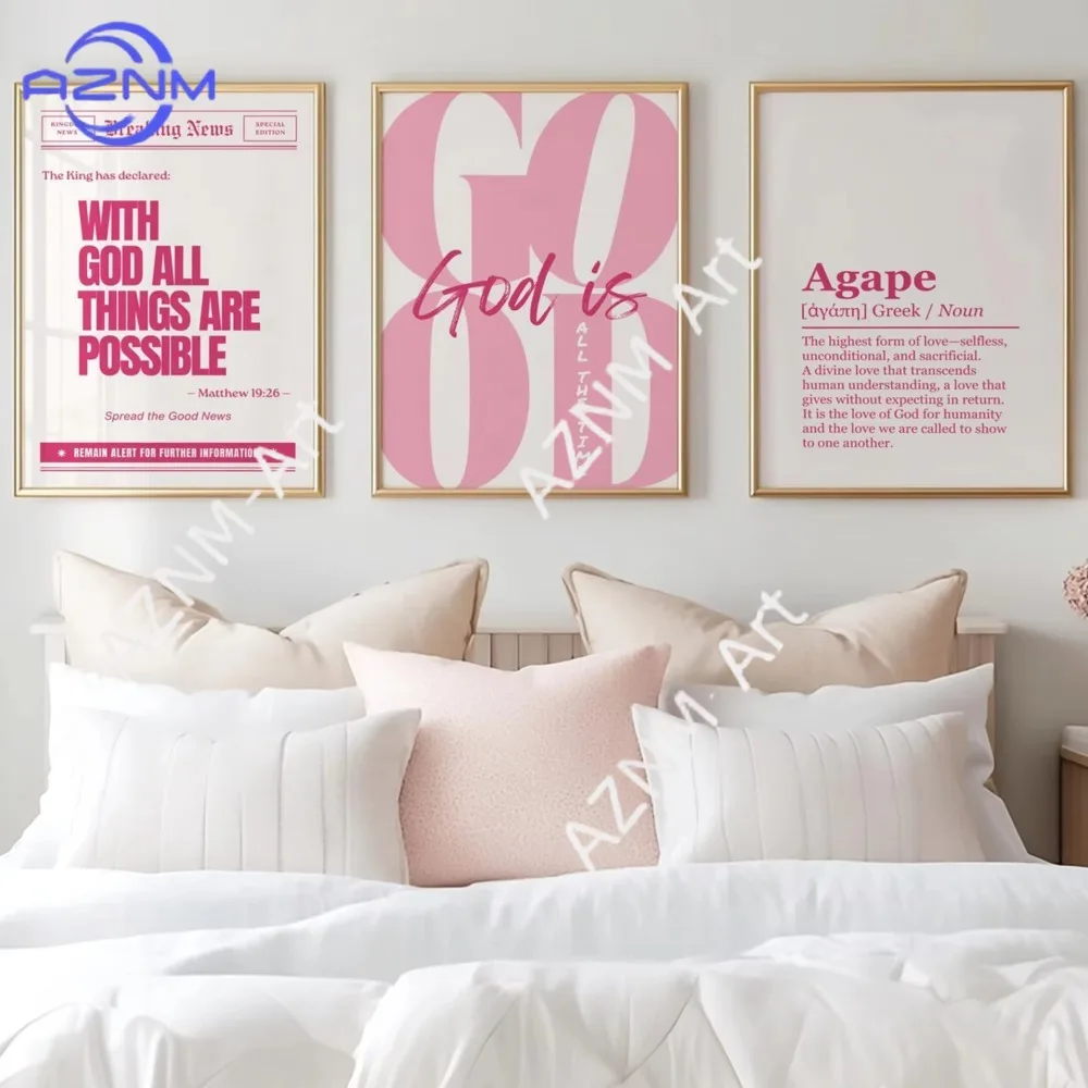 1 Stück/3 Stück rosa, mädchenhafter christlicher Wandkunstdruck „Gott ist gut“ auf Leinwand, Poster für Wohnzimmer, Schlafzimmer, Restaurant, Heimdekoration