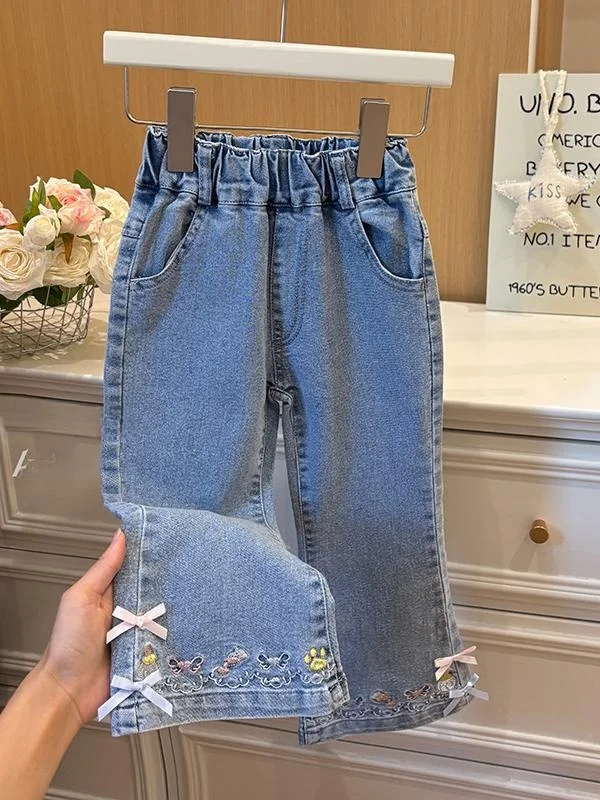 

Повседневные модные джинсовые брюки с вышитым узлом для девочек, осенние новые универсальные детские корейские прямые брюки