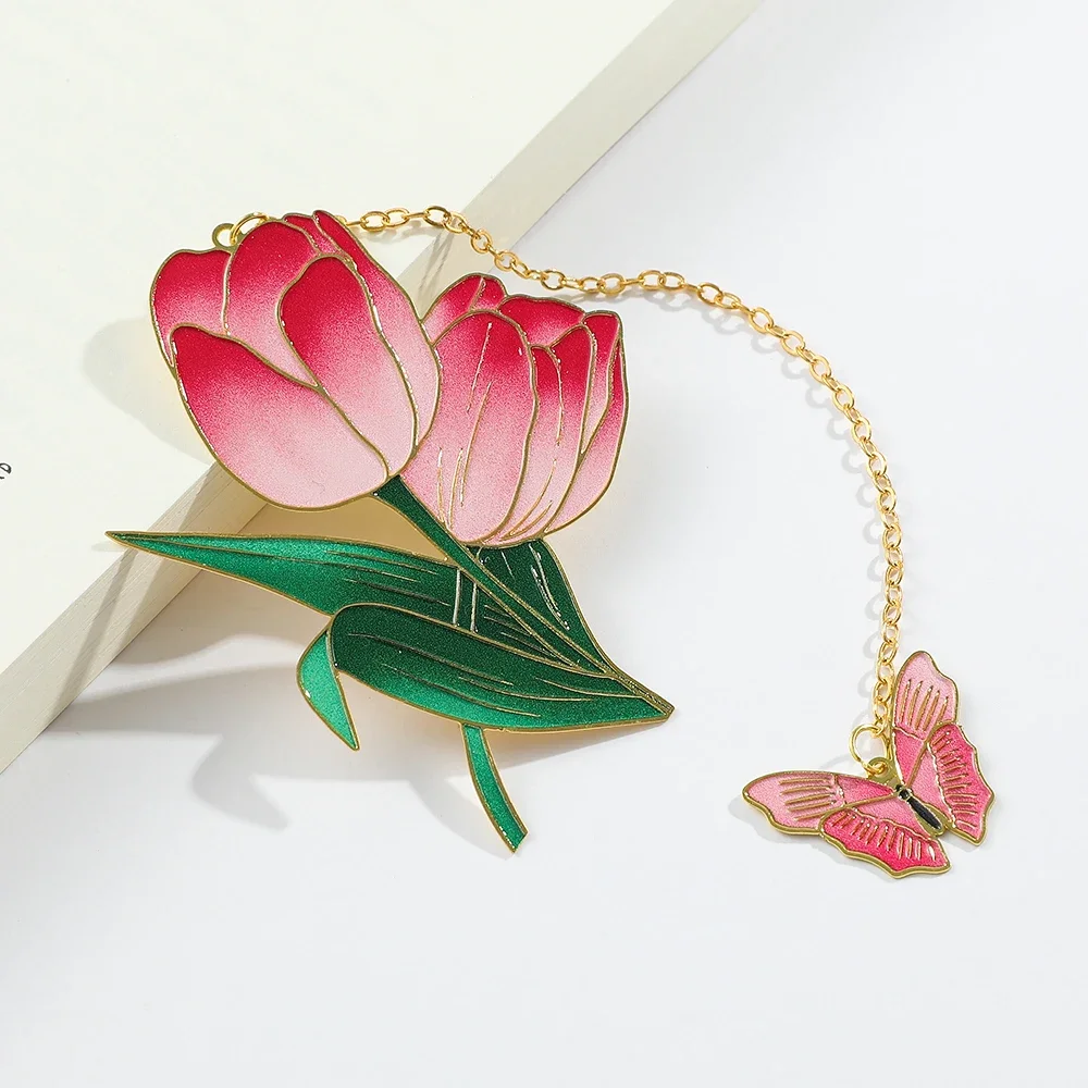 Red Metal Tulip Bookmark Flower Butterfly Charm Romance Bookmark Exquisite Page Marker Women Stationery Supplies Gifts