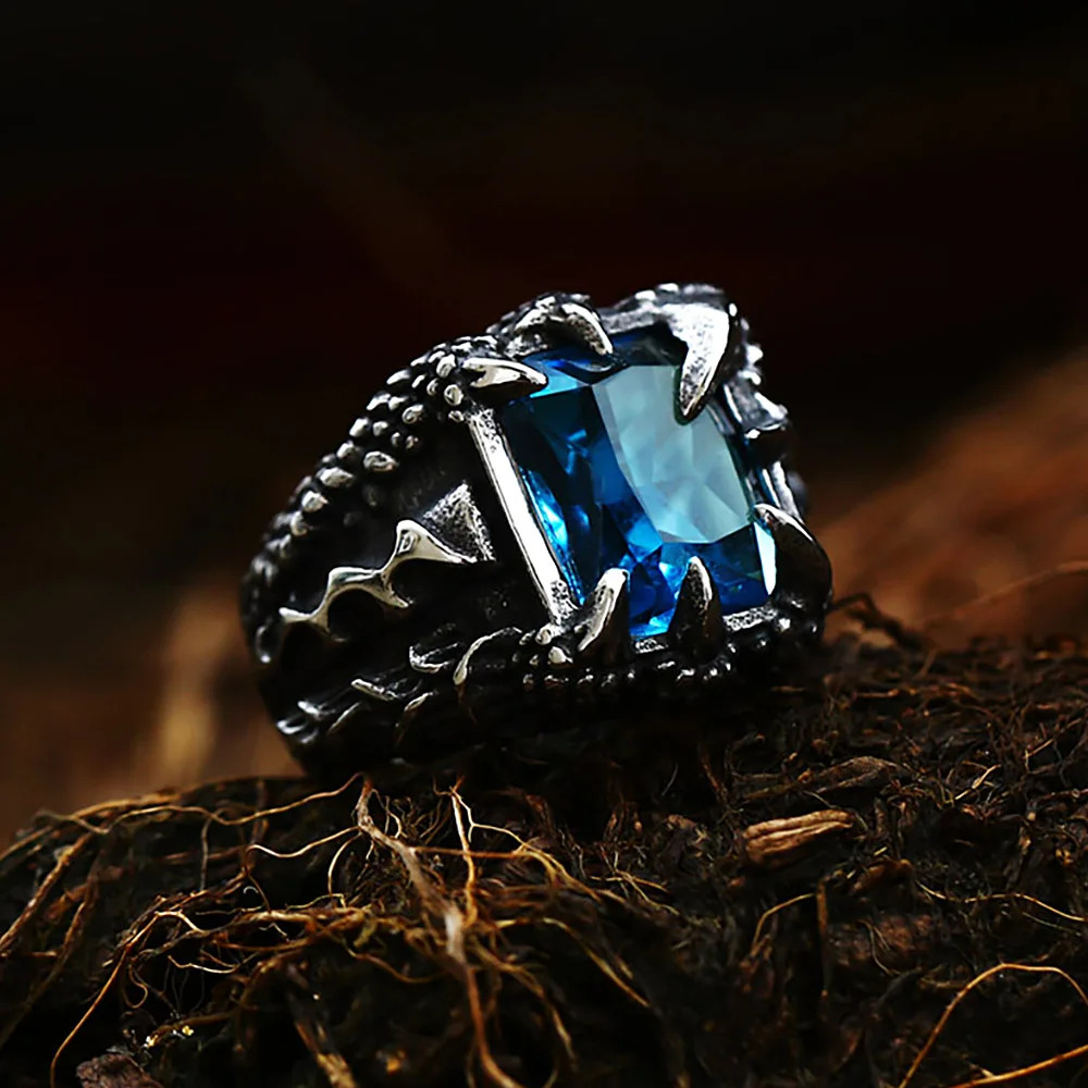 Punk Vintage Vikings Dragon Claw Ring 316L Stainless Steel Black Skull Claw Crystal Rings For Men Women Party Jewelry Wholesale