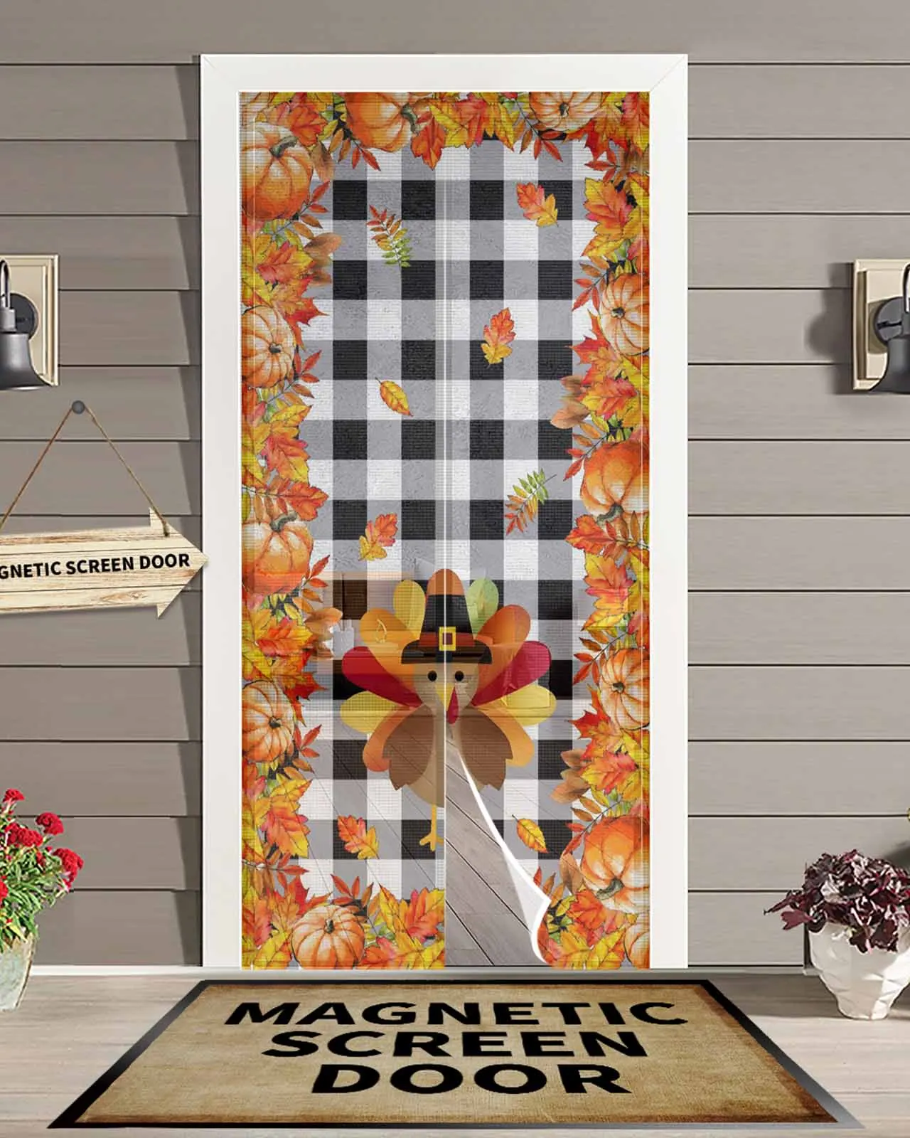 

Черная клетчатая магнитная дверная занавеска на День Благодарения, Турция, гостиная, спальня, домашняя антимоскитная занавеска для двери