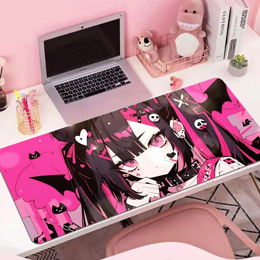 HYBXAXC Grunge Dark Cute Anime Girl Extra Large Desk Mat, Anti-slip Wear-resistant Soft Mouse Pad, Stylish Aesthetic Desktop Mat