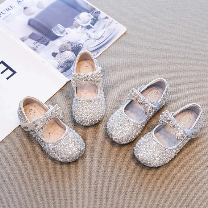 

Zapatos Fashion Girls Princess Shoes 2026 Spring New Kids Rhinestone Flat Casual Shoe Simple Versatile Girl Bow Leather Shoes
