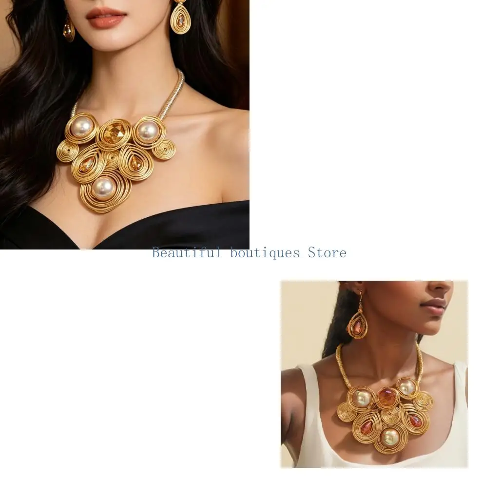 U4LF Matching Drop Earrings and Flower Necklace Set with Faceted Teardrop Detail for Statement Outfit and Event Styling