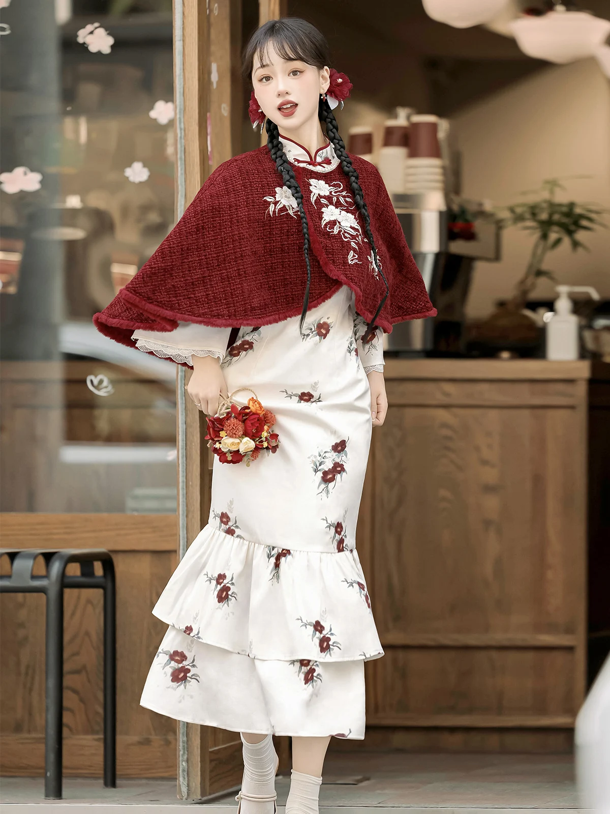 

Cysanthemum Fraance Winter New Sle National Sle Women's Floral Print Dr Coat Two-Piece Set Republic of C...