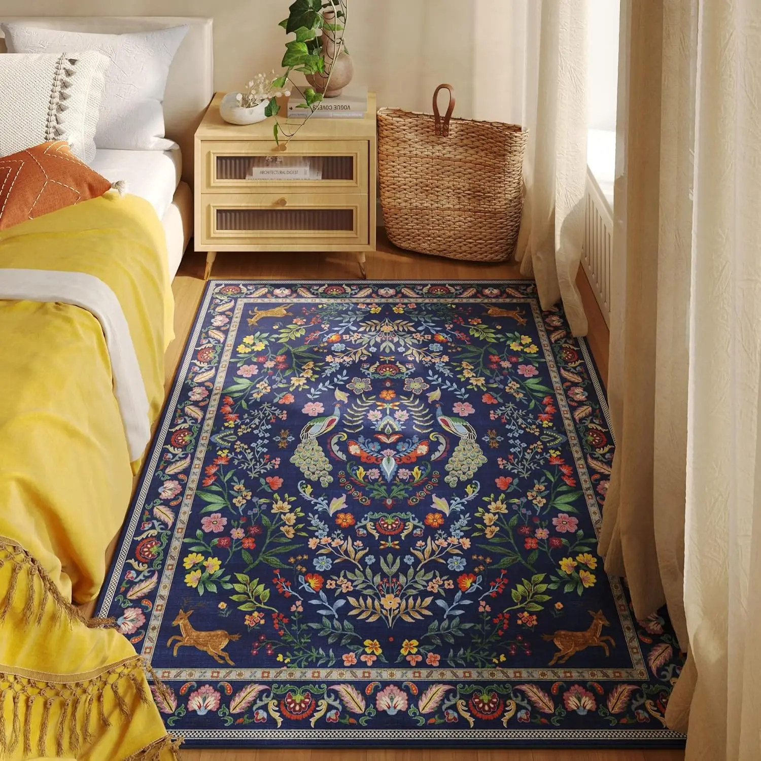 Navy Peacock Deer Floral Area Rug, Retro Vibrant Wildlife Bloom Print, Non-Slip Washable Mat for Bedroom Room Game Room Indoor - view 3